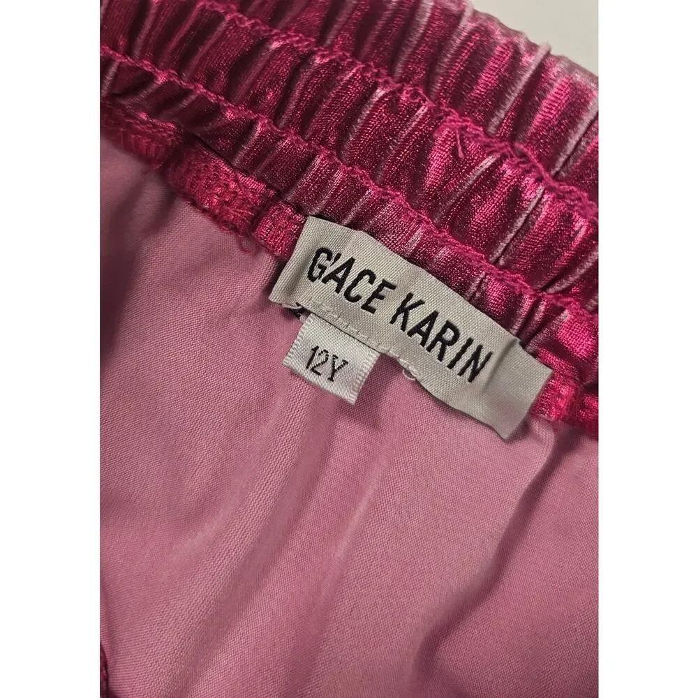 Grace Karin 12 years old hot pink shiny metallic bling teired layered skirt #